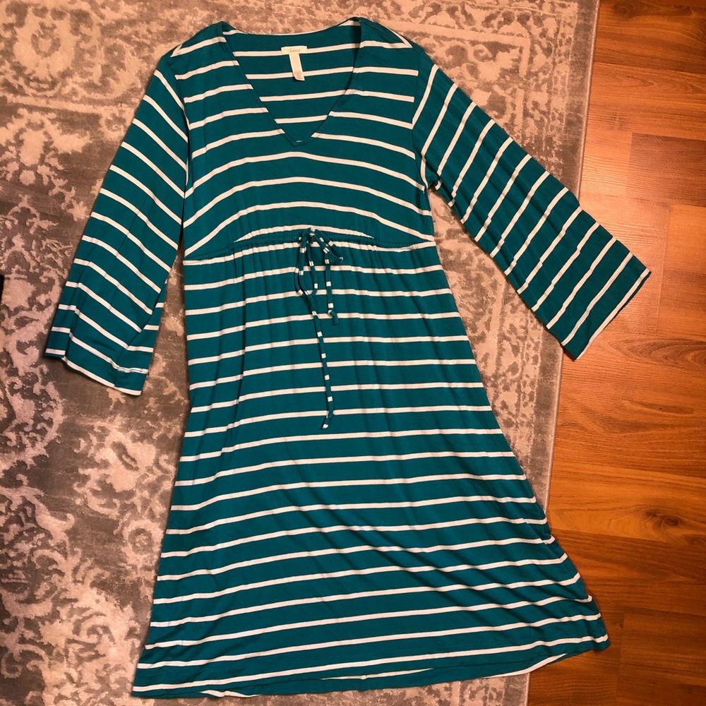 Soma Teal and White Striped Long Sleeve Dress